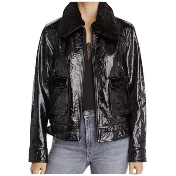 7 FOR ALL MANKIND Jacket XS Black Leather Real Fur Collar Shiny Zip Moto Luxury